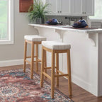 Cream Striped Linen Bar Stool with Rustic Brown Wood Frame & Nailhead Trim – 1 Person