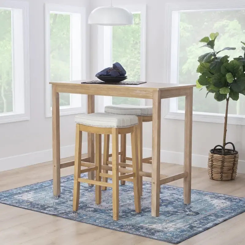 Cream Striped Linen Bar Stool with Rustic Brown Wood Frame & Nailhead Trim – 1 Person