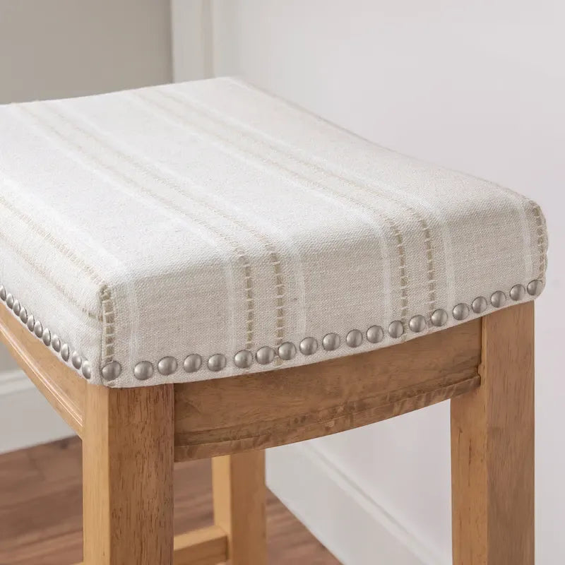 Cream Striped Linen Bar Stool with Rustic Brown Wood Frame & Nailhead Trim – 1 Person
