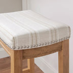 Cream Striped Linen Bar Stool with Rustic Brown Wood Frame & Nailhead Trim – 1 Person