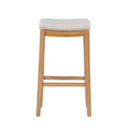 Cream Striped Linen Bar Stool with Rustic Brown Wood Frame & Nailhead Trim – 1 Person
