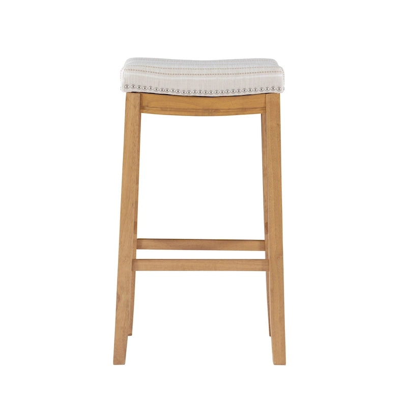 Cream Striped Linen Bar Stool with Rustic Brown Wood Frame & Nailhead Trim – 1 Person