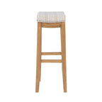 Cream Striped Linen Bar Stool with Rustic Brown Wood Frame & Nailhead Trim – 1 Person