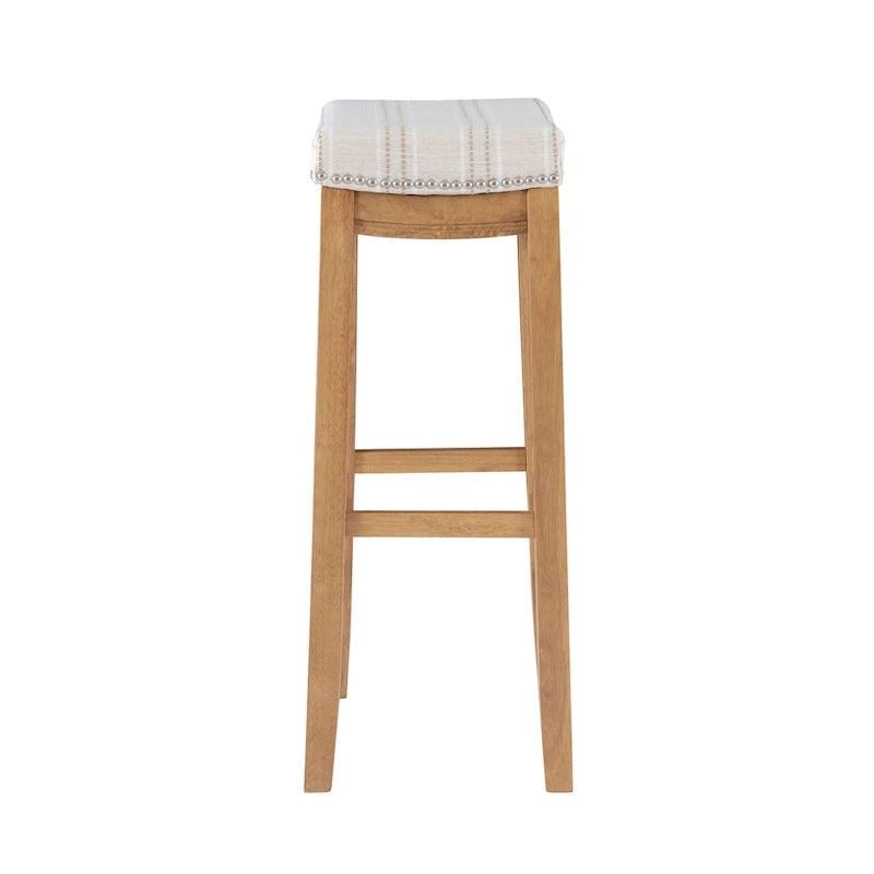 Cream Striped Linen Bar Stool with Rustic Brown Wood Frame & Nailhead Trim – 1 Person