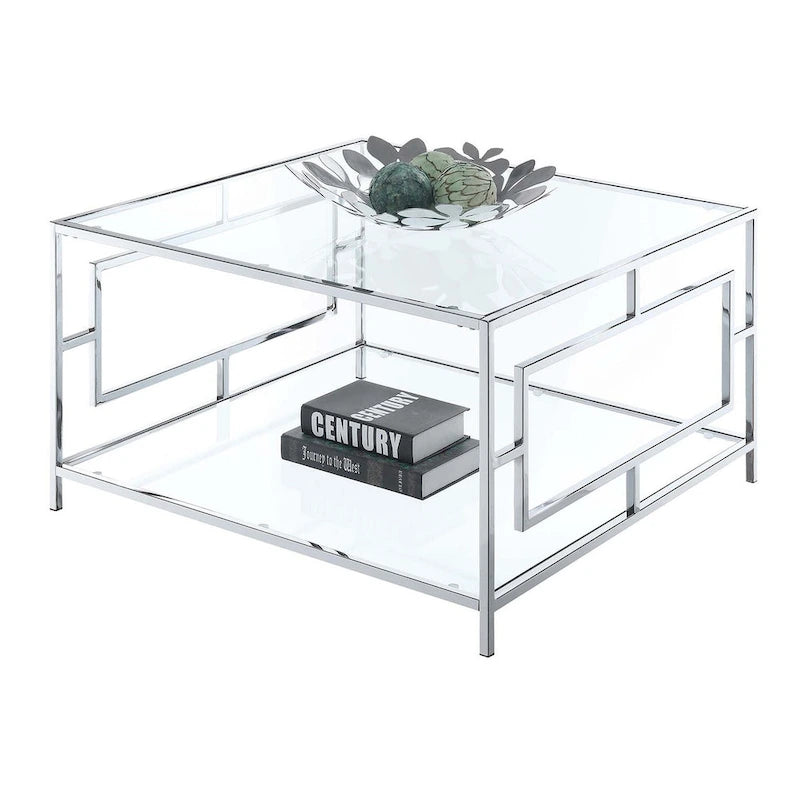Clear Glass & Chrome Square Coffee Table with Lower Shelf