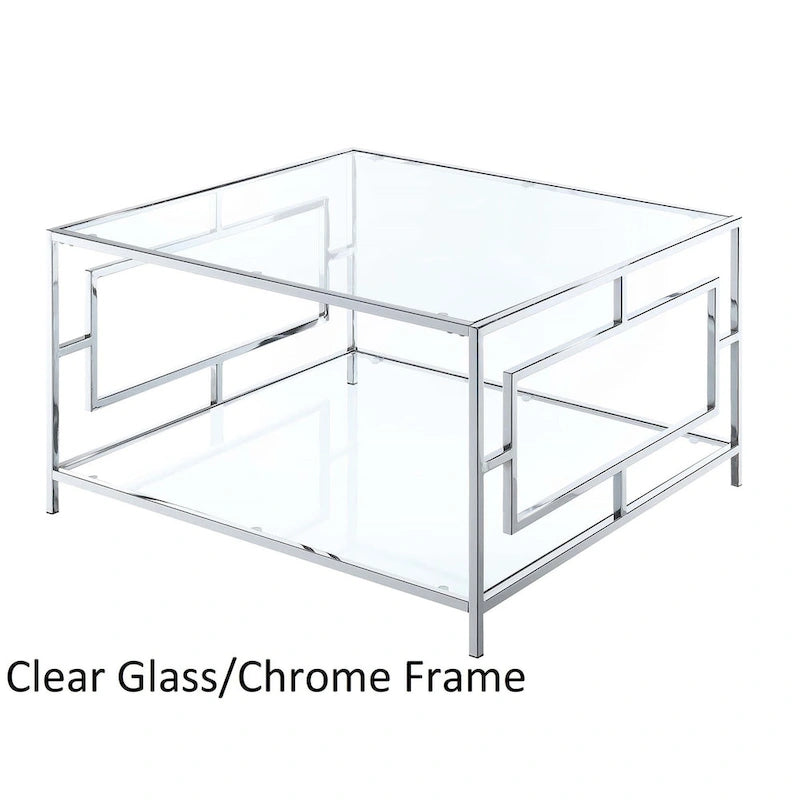 Clear Glass & Chrome Square Coffee Table with Lower Shelf