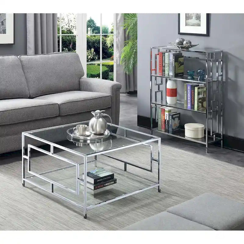 Clear Glass & Chrome Square Coffee Table with Lower Shelf