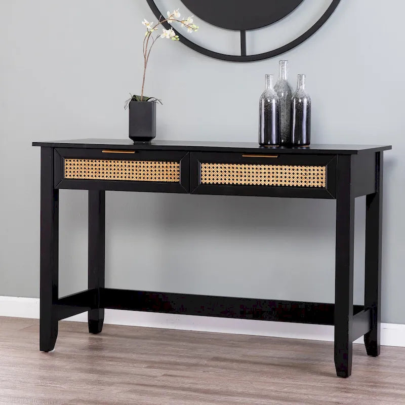 Black & Natural Mid-Century Console Table with Woven Rattan Drawers & Brass Pulls
