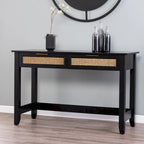 Black & Natural Mid-Century Console Table with Woven Rattan Drawers & Brass Pulls