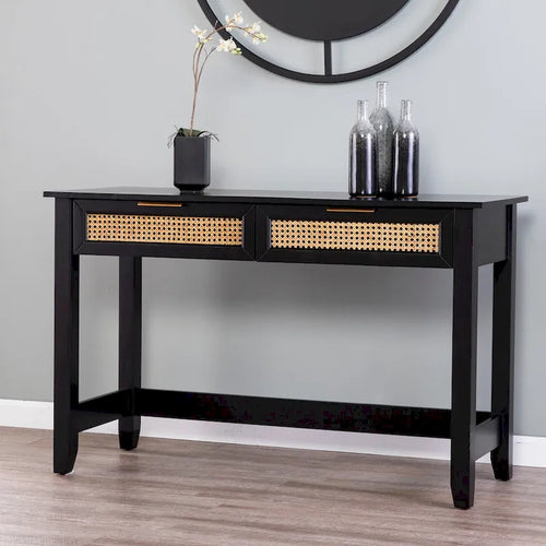 Black & Natural Mid-Century Console Table with Woven Rattan Drawers & Brass Pulls