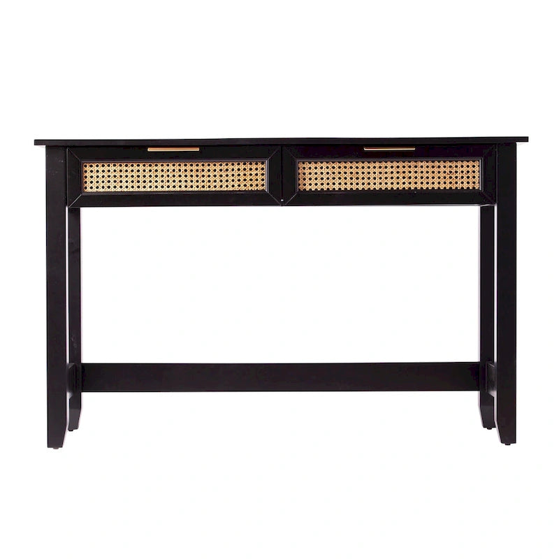 Black & Natural Mid-Century Console Table with Woven Rattan Drawers & Brass Pulls