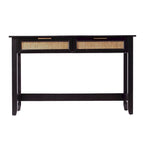 Black & Natural Mid-Century Console Table with Woven Rattan Drawers & Brass Pulls