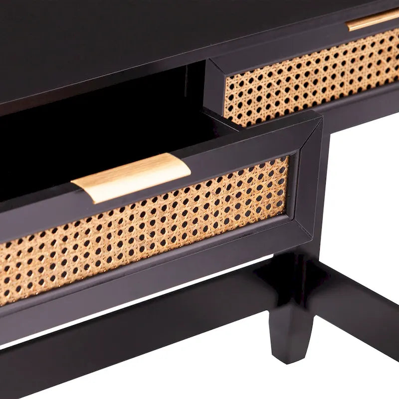 Black & Natural Mid-Century Console Table with Woven Rattan Drawers & Brass Pulls