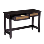 Black & Natural Mid-Century Console Table with Woven Rattan Drawers & Brass Pulls