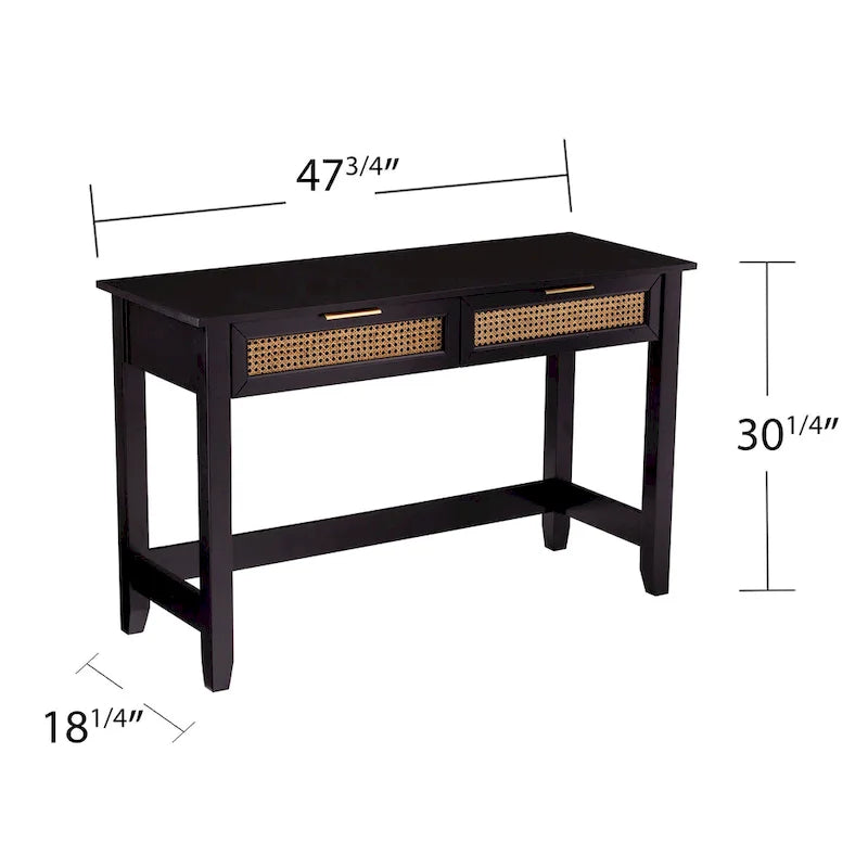Black & Natural Mid-Century Console Table with Woven Rattan Drawers & Brass Pulls