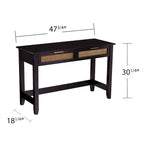 Black & Natural Mid-Century Console Table with Woven Rattan Drawers & Brass Pulls