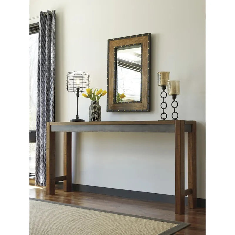 Brown Industrial-Style Long Counter Table with Gunmetal Finish