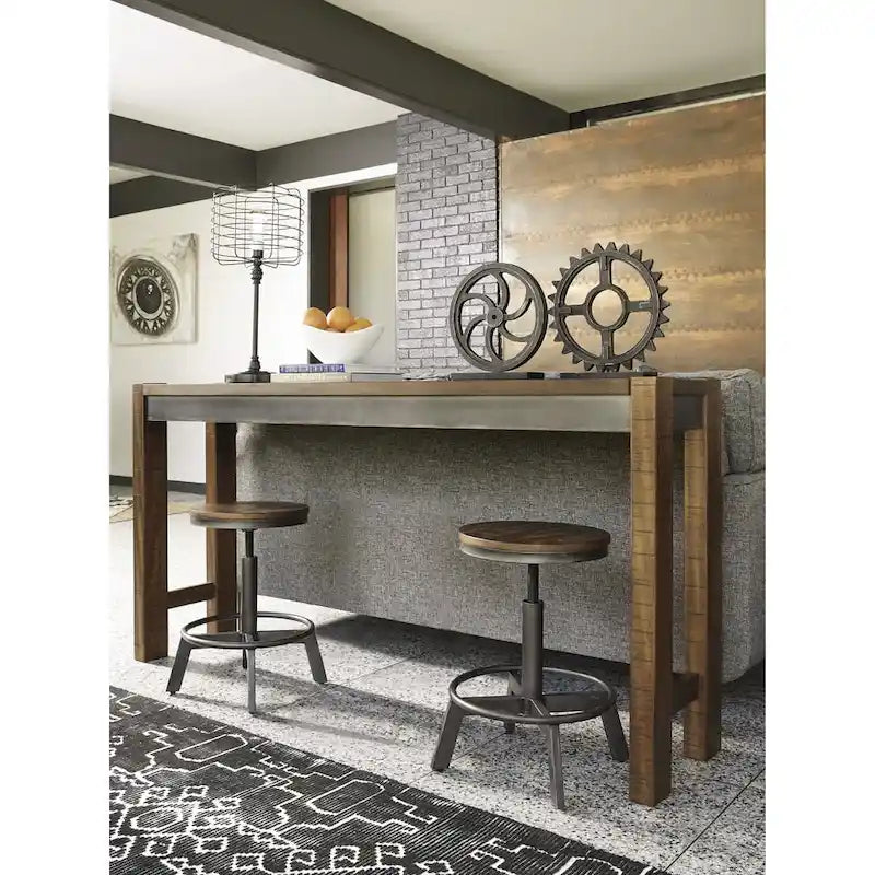 Brown Industrial-Style Long Counter Table with Gunmetal Finish