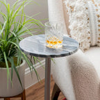 Silver & Black / Brown & Green Marble Top Round Drink Side Table with Iron Base