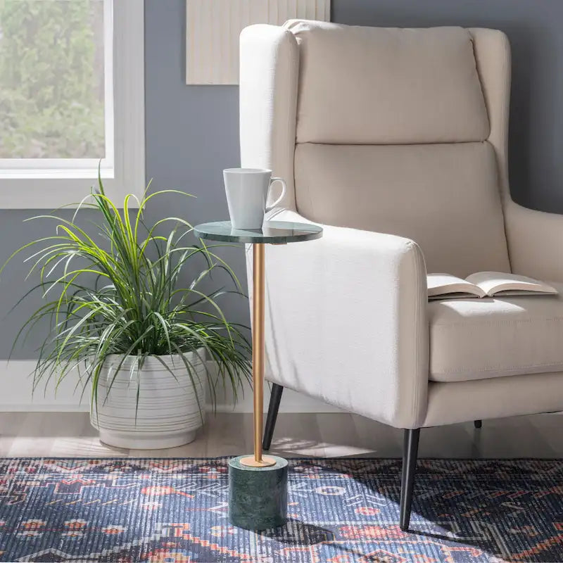 Silver & Black / Brown & Green Marble Top Round Drink Side Table with Iron Base