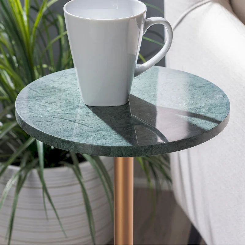 Silver & Black / Brown & Green Marble Top Round Drink Side Table with Iron Base