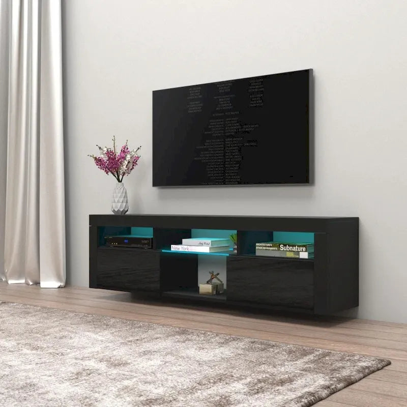 White / Black / Gray High-Gloss Wall-Mounted Floating TV Stand with 16-Color LED – Fits up to 70 in. TV