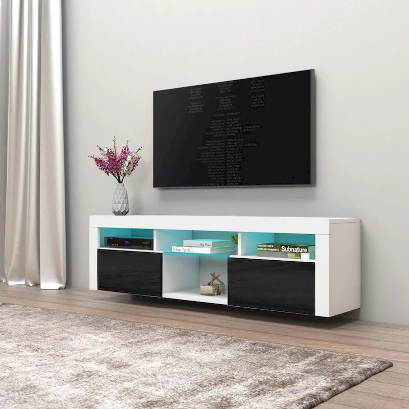 White / Black / Gray High-Gloss Wall-Mounted Floating TV Stand with 16-Color LED – Fits up to 70 in. TV