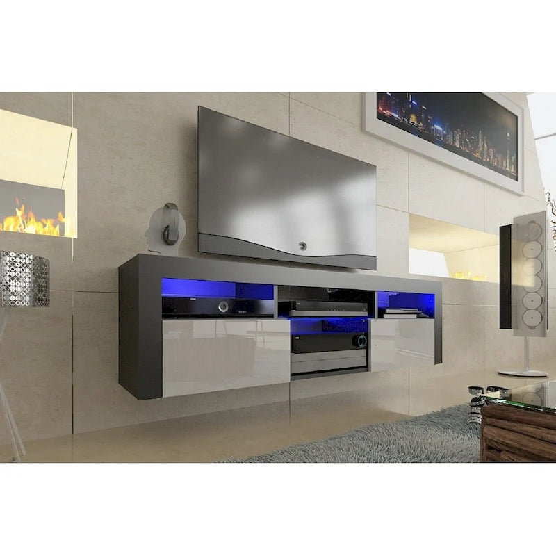 White / Black / Gray High-Gloss Wall-Mounted Floating TV Stand with 16-Color LED – Fits up to 70 in. TV