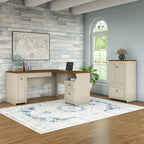 60W L-Shaped Desk & 2-Door Storage Cabinet with File Drawer – Antique White / Gray / Black