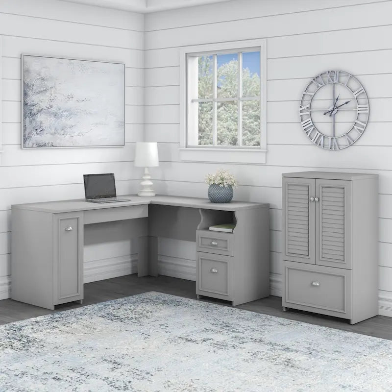 60W L-Shaped Desk & 2-Door Storage Cabinet with File Drawer – Antique White / Gray / Black