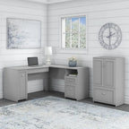 60W L-Shaped Desk & 2-Door Storage Cabinet with File Drawer – Antique White / Gray / Black