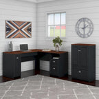 60W L-Shaped Desk & 2-Door Storage Cabinet with File Drawer – Antique White / Gray / Black