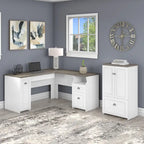 60W L-Shaped Desk & 2-Door Storage Cabinet with File Drawer – Antique White / Gray / Black