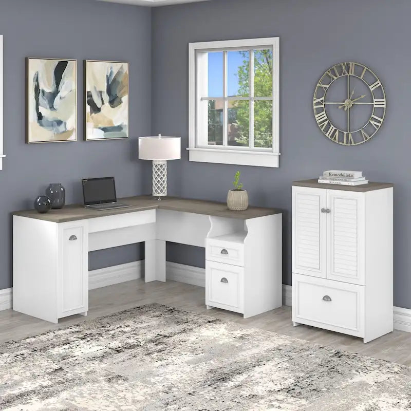 60W L-Shaped Desk & 2-Door Storage Cabinet with File Drawer – Antique White / Gray / Black