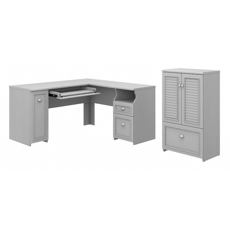 60W L-Shaped Desk & 2-Door Storage Cabinet with File Drawer – Antique White / Gray / Black