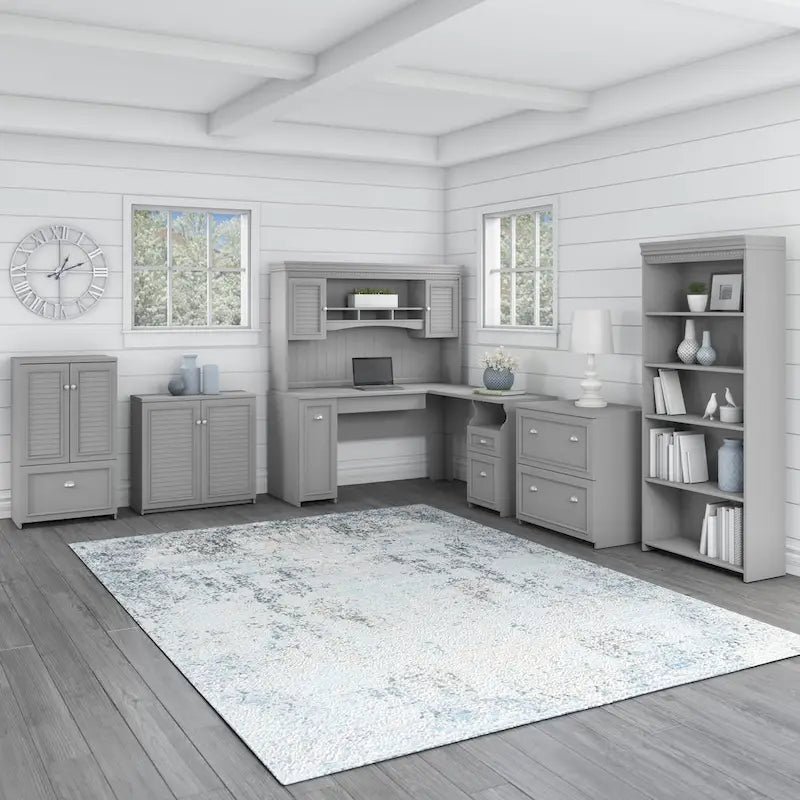 60W L-Shaped Desk & 2-Door Storage Cabinet with File Drawer – Antique White / Gray / Black