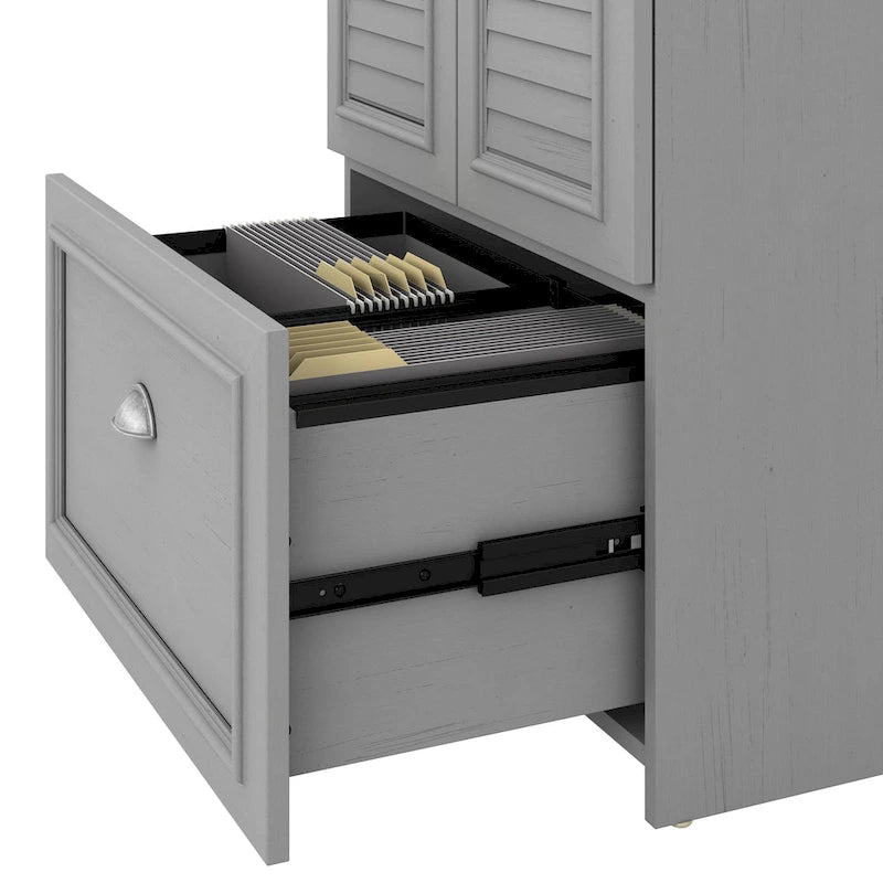 60W L-Shaped Desk & 2-Door Storage Cabinet with File Drawer – Antique White / Gray / Black