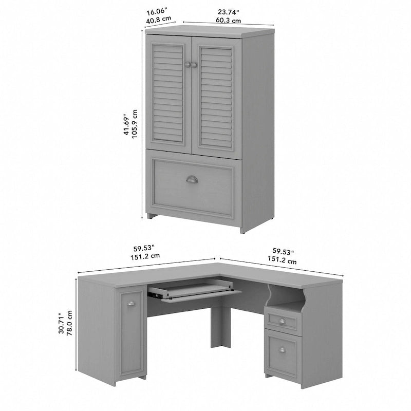 60W L-Shaped Desk & 2-Door Storage Cabinet with File Drawer – Antique White / Gray / Black