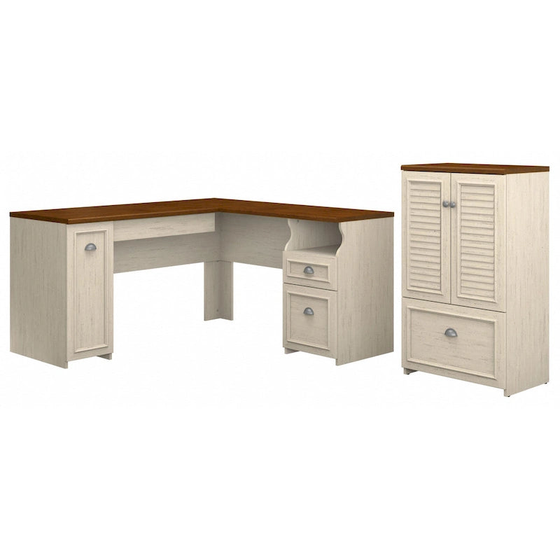 60W L-Shaped Desk & 2-Door Storage Cabinet with File Drawer – Antique White / Gray / Black