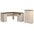 60W L-Shaped Desk & 2-Door Storage Cabinet with File Drawer – Antique White / Gray / Black