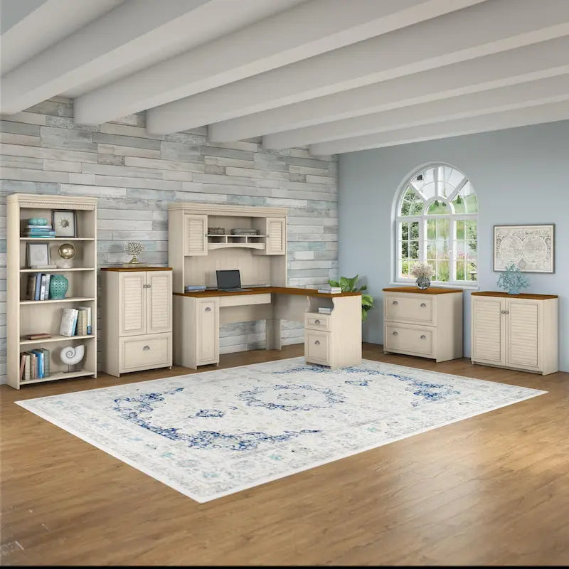 60W L-Shaped Desk & 2-Door Storage Cabinet with File Drawer – Antique White / Gray / Black