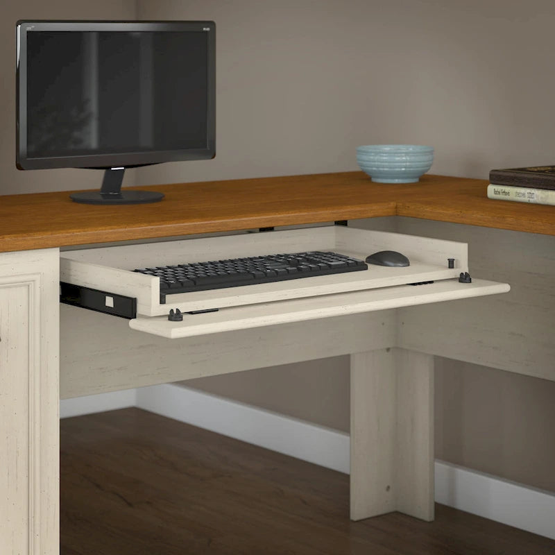 60W L-Shaped Desk & 2-Door Storage Cabinet with File Drawer – Antique White / Gray / Black