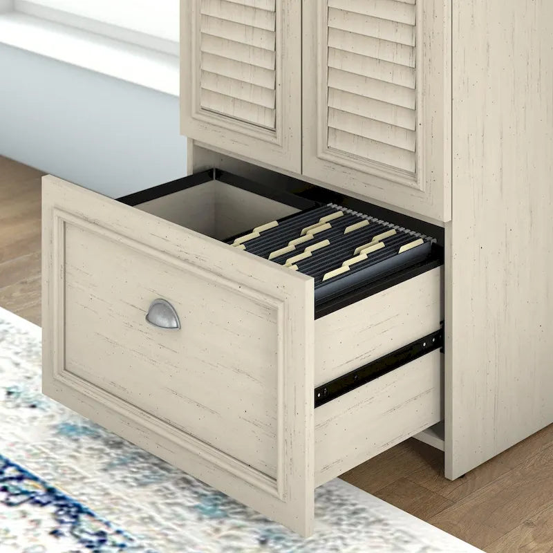 60W L-Shaped Desk & 2-Door Storage Cabinet with File Drawer – Antique White / Gray / Black