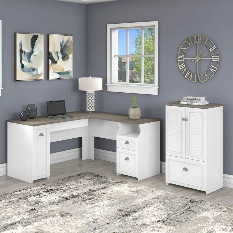 60W L-Shaped Desk & 2-Door Storage Cabinet with File Drawer – Antique White / Gray / Black