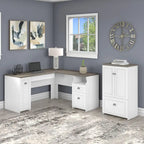 60W L-Shaped Desk & 2-Door Storage Cabinet with File Drawer – Antique White / Gray / Black