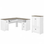 60W L-Shaped Desk & 2-Door Storage Cabinet with File Drawer – Antique White / Gray / Black