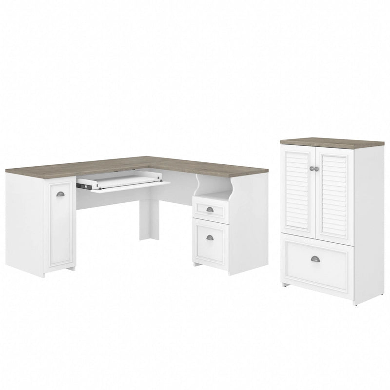 60W L-Shaped Desk & 2-Door Storage Cabinet with File Drawer – Antique White / Gray / Black
