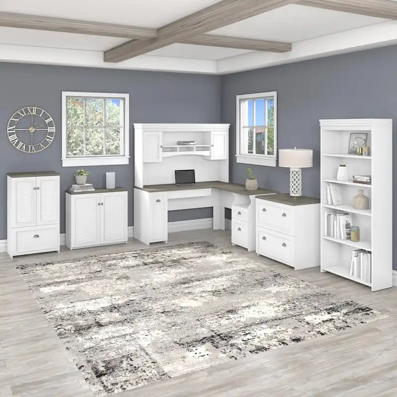 60W L-Shaped Desk & 2-Door Storage Cabinet with File Drawer – Antique White / Gray / Black