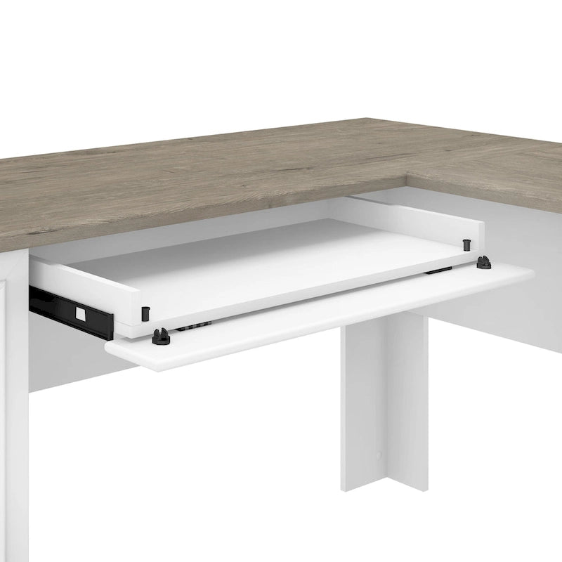 60W L-Shaped Desk & 2-Door Storage Cabinet with File Drawer – Antique White / Gray / Black