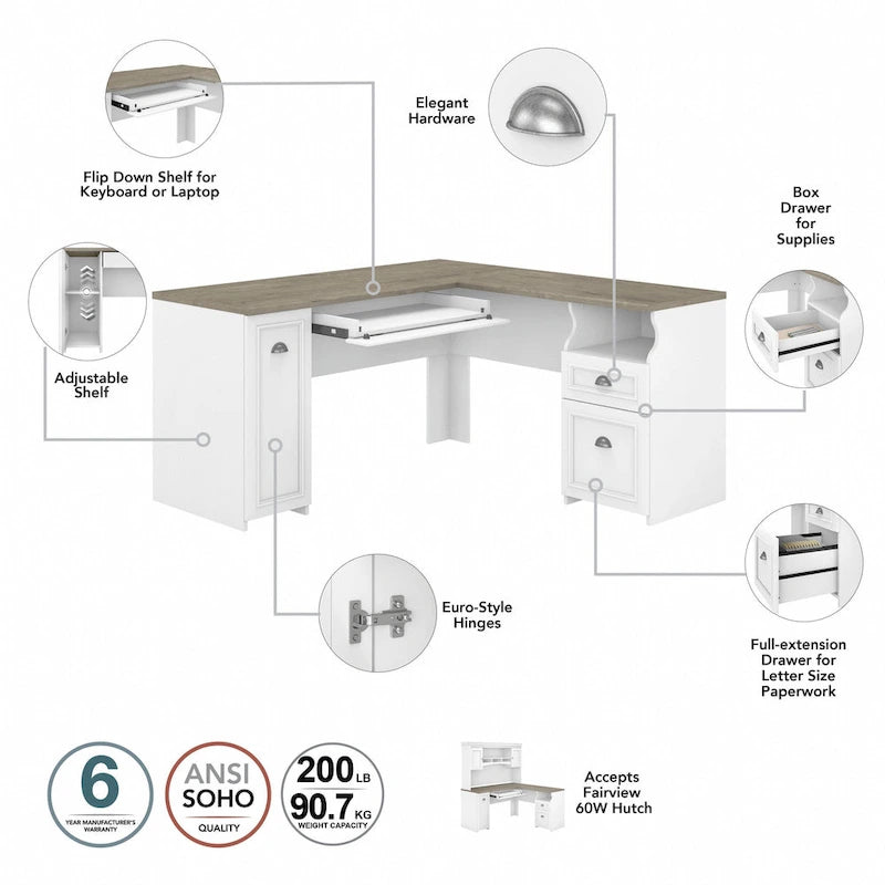 60W L-Shaped Desk & 2-Door Storage Cabinet with File Drawer – Antique White / Gray / Black